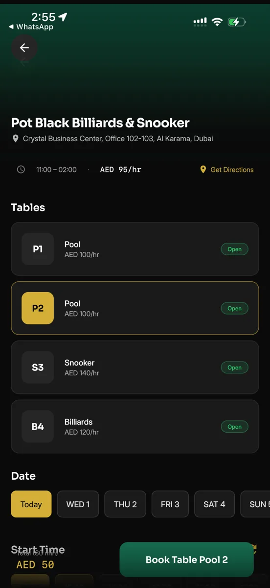 Snook A Look booking screen: table list with per-hour AED prices, date picker, and book button